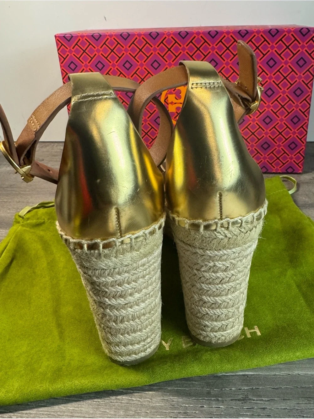 Tory Burch Shelby Wedge Gold Metallic Espadrille Platform Sandals size 7.5 $278
